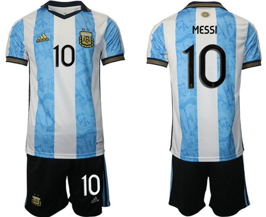 Men's Argentina #10 Messi White Blue Home Soccer Jersey Suit