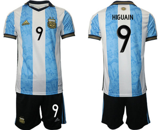 Men's Argentina #9 Higuain White Blue Home Soccer Jersey Suit