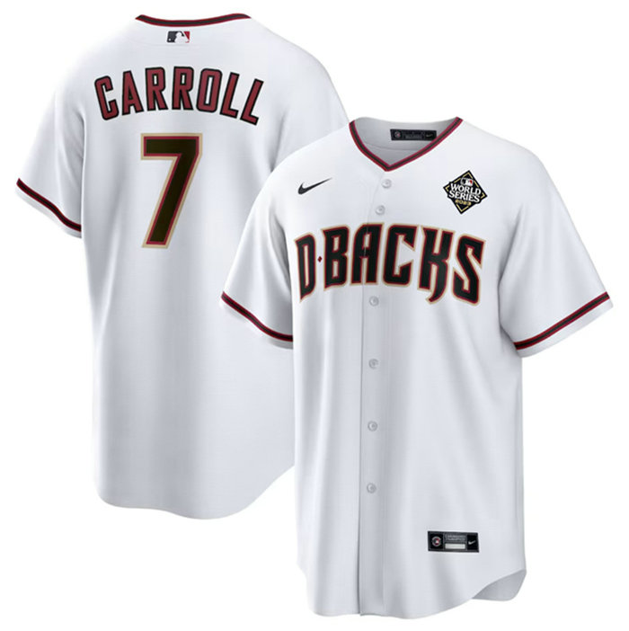 Men's Arizona Diamondbacks #7 Corbin Carroll White 2023 World Series Home Cool Base Stitched Baseball Jersey
