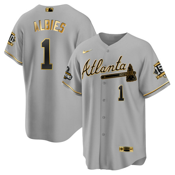 Men's Atlanta Braves #1 Ozzie Albies 2021 Grey Gold World Series Champions With 150th Anniversary Patch Cool Base Stitched Jersey