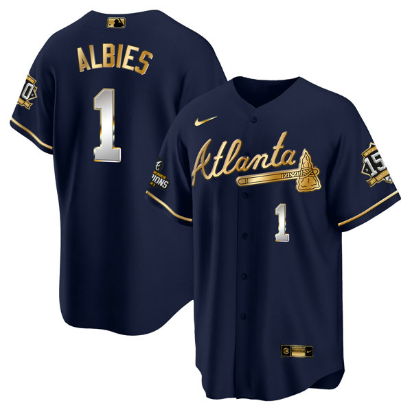 Men's Atlanta Braves #1 Ozzie Albies 2021 Navy Gold World Series Champions With 150th Anniversary Patch Cool Base Stitched Jersey