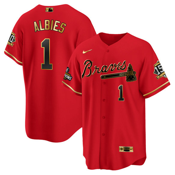 Men's Atlanta Braves #1 Ozzie Albies 2021 Red Gold World Series Champions With 150th Anniversary Patch Cool Base Stitched Jersey