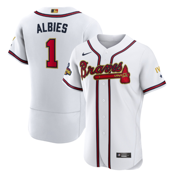 Men's Atlanta Braves #1 Ozzie Albies 2022 White Gold World Series Champions Program Flex Base Stitched Baseball Jersey