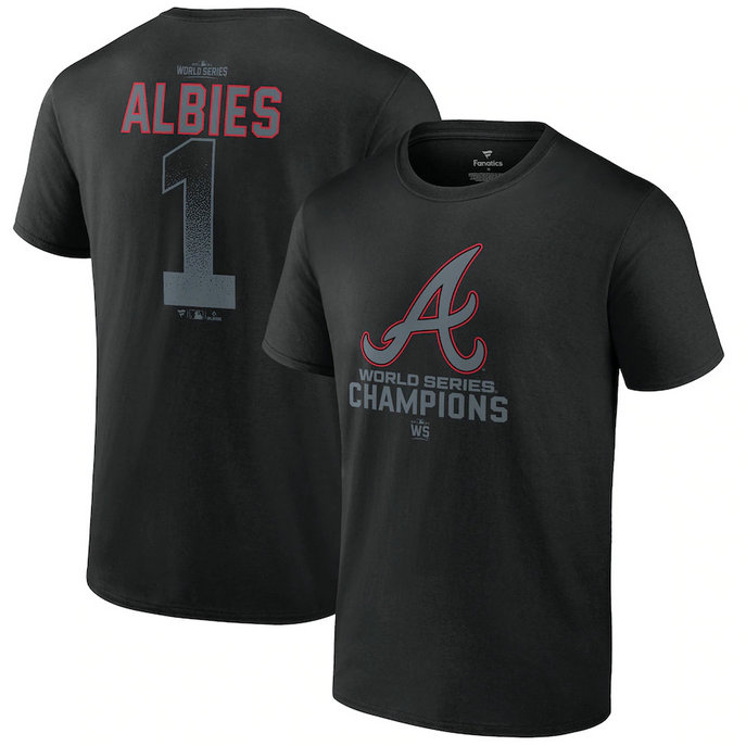 Men's Atlanta Braves #1 Ozzie Albies Black 2021 World Series Champions Name & Number T-Shirt