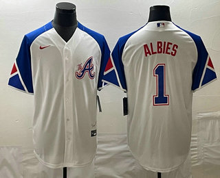 Men's Atlanta Braves #1 Ozzie Albies White 2023 City Connect Cool Base Stitched Jersey