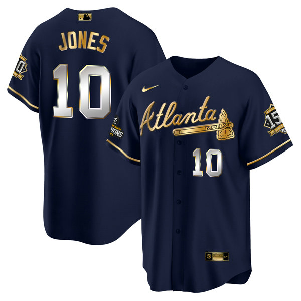 Men's Atlanta Braves #10 Chipper Jones 2021 Navy Gold World Series Champions With 150th Anniversary Patch Cool Base Stitched Jersey