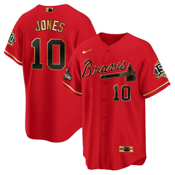 Men's Atlanta Braves #10 Chipper Jones 2021 Red Gold World Series Champions With 150th Anniversary Patch Cool Base Stitched Jersey