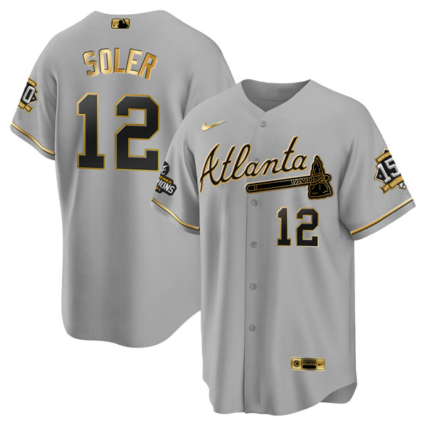 Men's Atlanta Braves #12 Jorge Soler 2021 Grey Gold World Series Champions With 150th Anniversary Patch Cool Base Stitched Jersey