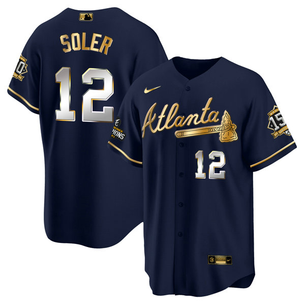 Men's Atlanta Braves #12 Jorge Soler 2021 Navy Gold World Series Champions With 150th Anniversary Patch Cool Base Stitched Jersey