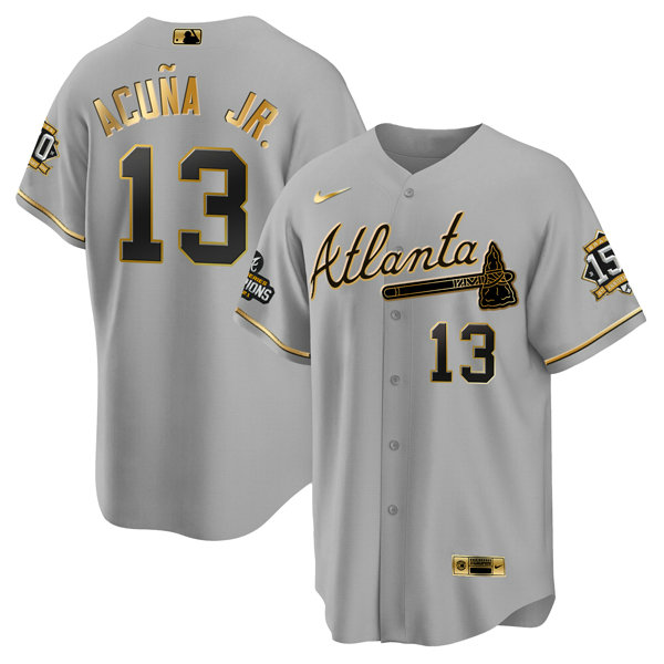 Men's Atlanta Braves #13 Ronald Acuna Jr. 2021 Grey Gold World Series Champions With 150th Anniversary Patch Cool Base Stitched Jersey