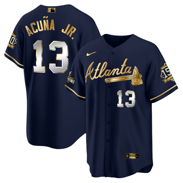 Men's Atlanta Braves #13 Ronald Acuna Jr. 2021 Navy Gold World Series Champions With 150th Anniversary Patch Cool Base Stitched Jersey