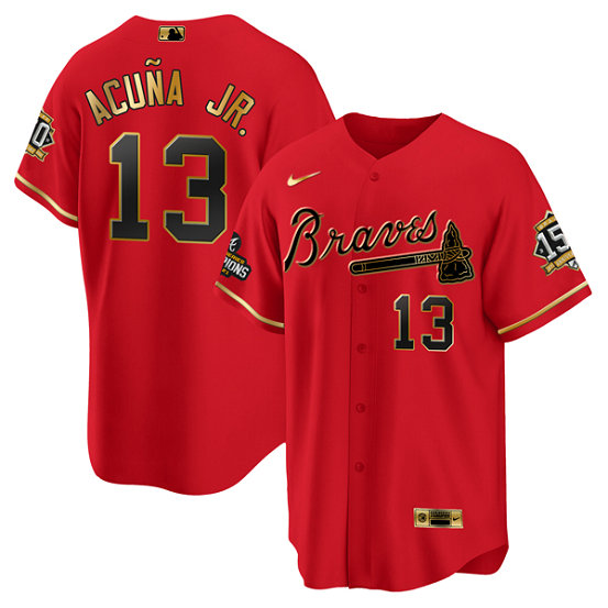 Men's Atlanta Braves #13 Ronald Acuna Jr. 2021 Red Gold World Series Champions With 150th Anniversary Patch Cool Base Stitched Jersey