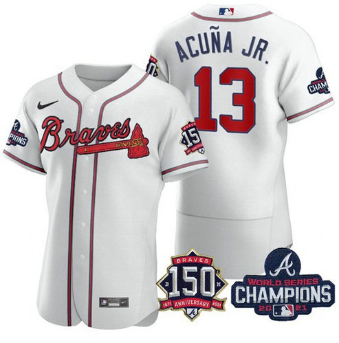 Men's Atlanta Braves #13 Ronald Acuna Jr. 2021 White World Series Champions With 150th Anniversary Flex Base Stitched Jersey