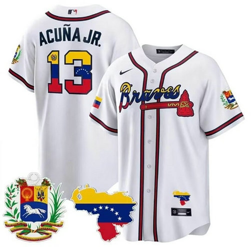 Men's Atlanta Braves #13 Ronald Acuna Jr. 2023 White With Patch Cool Base Stitched Jersey