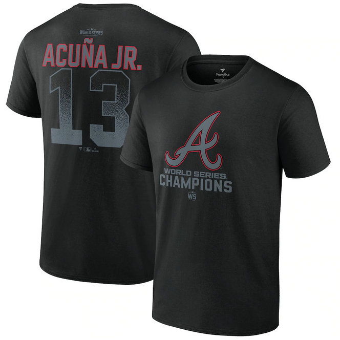 Men's Atlanta Braves #13 Ronald Acuna Jr. Black 2021 World Series Champions Name & Number T-Shirt