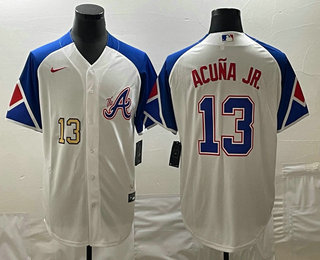 Men's Atlanta Braves #13 Ronald Acuna Jr Number White 2023 City Connect Cool Base Stitched Jersey