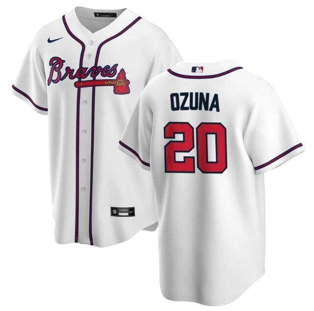 Men's Atlanta Braves #20 Marcell Ozuna White Cool Base Stitched Jersey