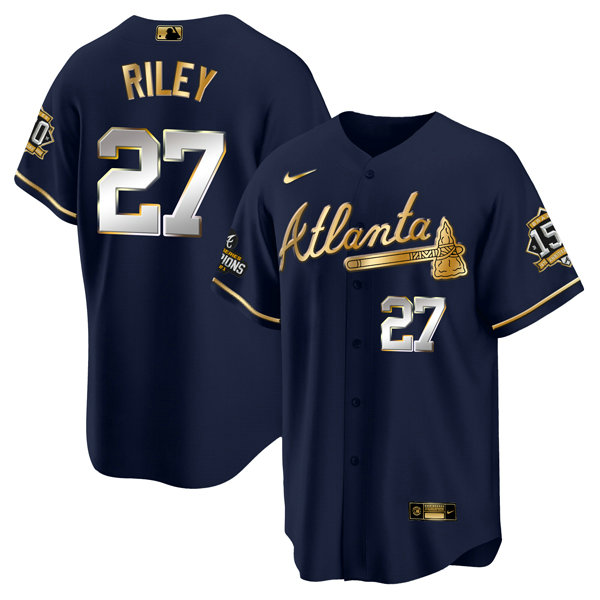 Men's Atlanta Braves #27 Austin Riley 2021 Navy Gold World Series Champions With 150th Anniversary Patch Cool Base Stitched Jersey