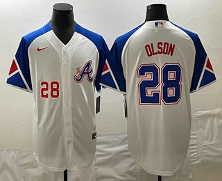 Men's Atlanta Braves #28 Matt Olson Number White 2023 City Connect Cool Base Stitched Jersey