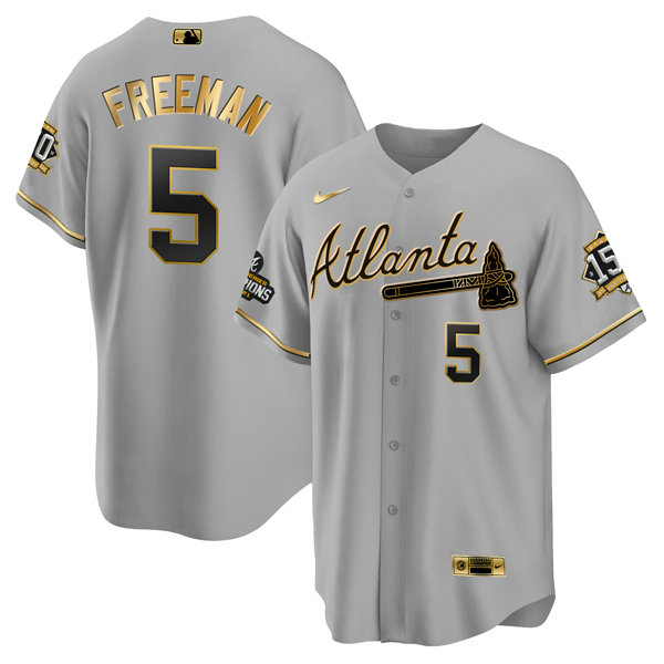 Men's Atlanta Braves #5 Freddie Freeman 2021 Grey Gold World Series Champions With 150th Anniversary Patch Cool Base Stitched Jersey