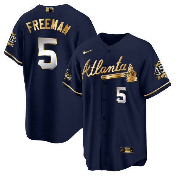 Men's Atlanta Braves #5 Freddie Freeman 2021 Navy Gold World Series Champions With 150th Anniversary Patch Cool Base Stitched Jersey