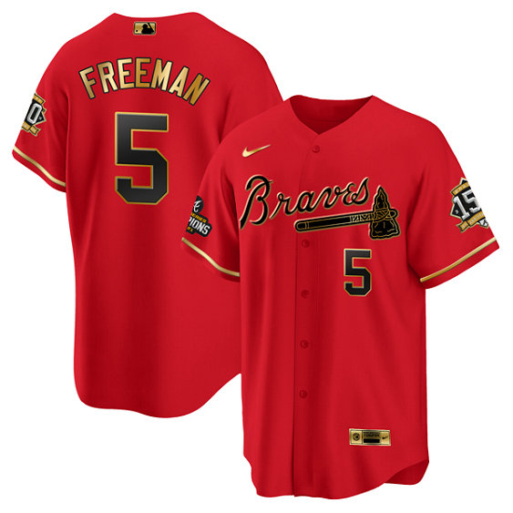 Men's Atlanta Braves #5 Freddie Freeman 2021 Red Gold World Series Champions With 150th Anniversary Patch Cool Base Stitched Jersey
