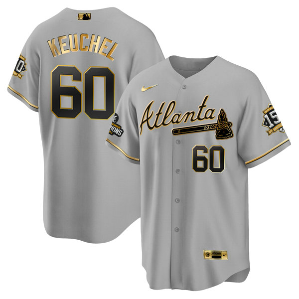 Men's Atlanta Braves #60 Dallas Keuchel 2021 Grey Gold World Series Champions With 150th Anniversary Patch Cool Base Stitched Jersey