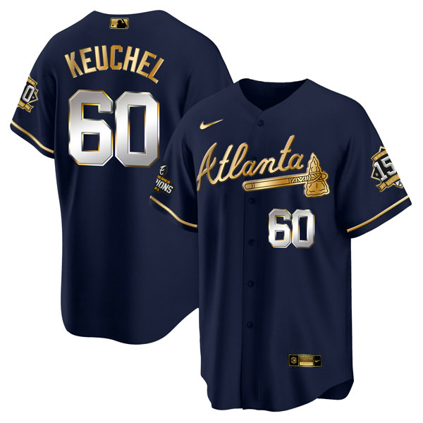 Men's Atlanta Braves #60 Dallas Keuchel 2021 Navy Gold World Series Champions With 150th Anniversary Patch Cool Base Stitched Jersey