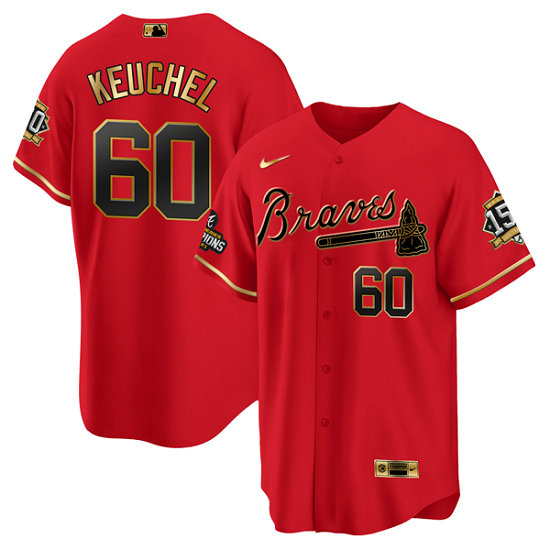 Men's Atlanta Braves #60 Dallas Keuchel Red Gold World Series Champions With 150th Anniversary Patch Cool Base Stitched Jersey