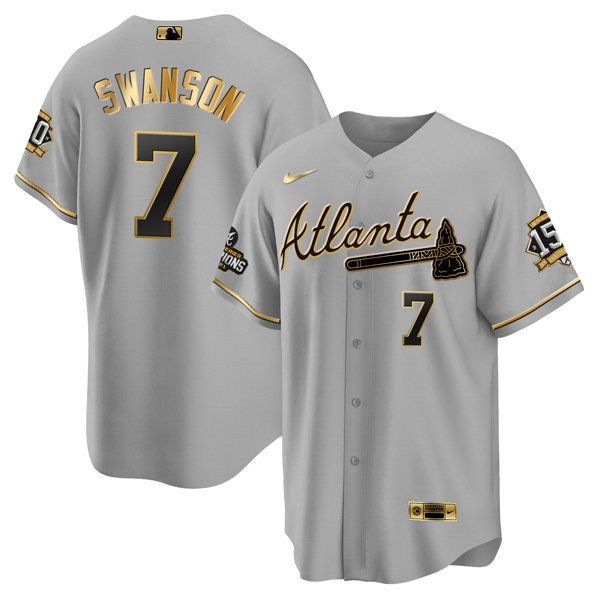 Men's Atlanta Braves #7 Dansby Swanson 2021 Grey Gold World Series Champions With 150th Anniversary Patch Cool Base Stitched Jersey