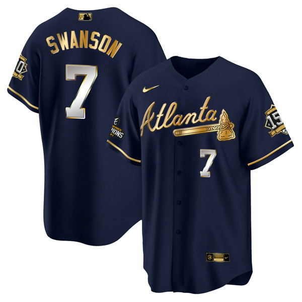 Men's Atlanta Braves #7 Dansby Swanson 2021 Navy Gold World Series Champions With 150th Anniversary Patch Cool Base Stitched Jersey