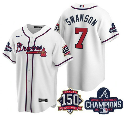 Men's Atlanta Braves #7 Dansby Swanson 2021 White World Series Champions With 150th Anniversary Patch Cool Base Stitched Jersey