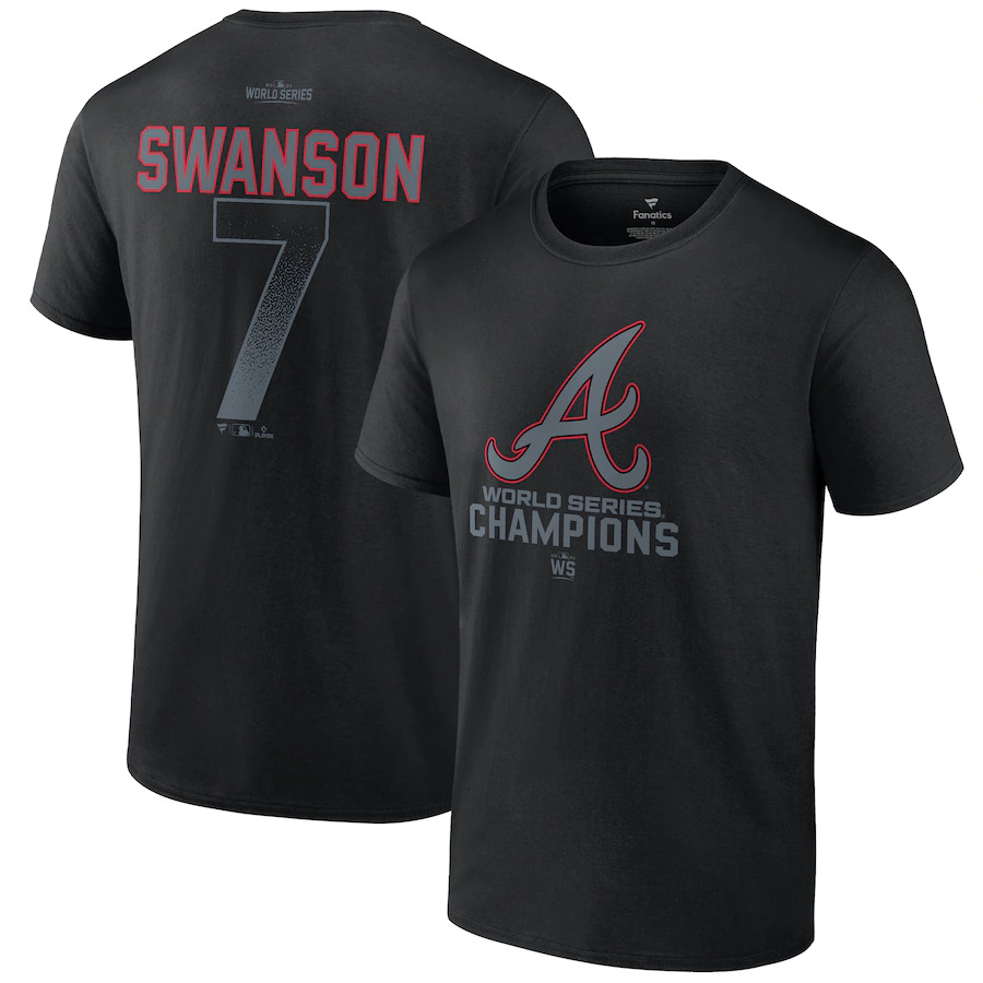 Men's Atlanta Braves #7 Dansby Swanson Black 2021 World Series Champions Name & Number T-Shirt