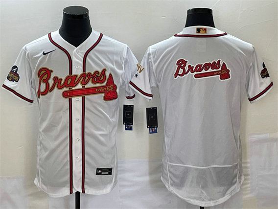 Men's Atlanta Braves 2022 White Gold World Series Champions Program Team Big Logo Flex Base Stitched Jersey