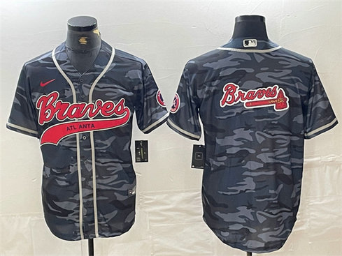 Men's Atlanta Braves Gray Camo Team Big Logo Cool Base With Patch Stitched Baseball Jersey 2