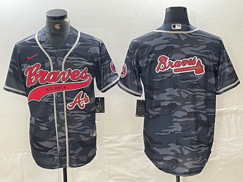 Men's Atlanta Braves Gray Team Big Logo Cool Base With Patch Stitched Baseball Jersey 5