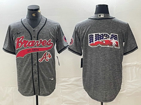 Men's Atlanta Braves Gray Team Big Logo Cool Base With Patch Stitched Baseball Jersey 7