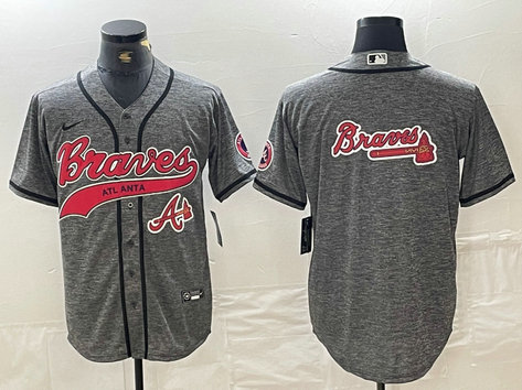 Men's Atlanta Braves Gray Team Big Logo Cool Base With Patch Stitched Baseball Jersey 8