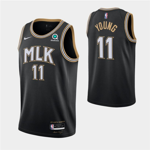 Men's Atlanta Hawks #11 Trae Young 2020 21 Black MLK City Edition With Sponsor Patch Stitched Jersey