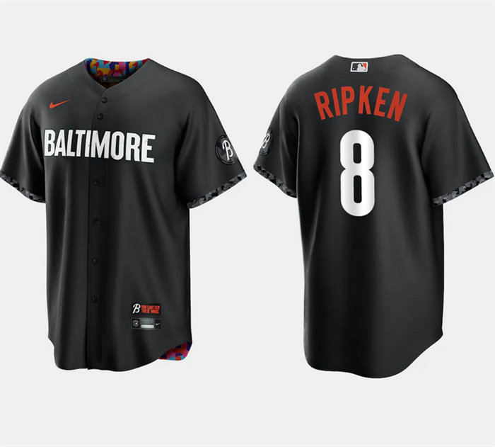 Men's Baltimore Orioles #8 Cal Ripken Jr. Black 2023 City Connect Cool Base Stitched Baseball Jersey