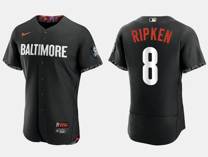 Men's Baltimore Orioles #8 Cal Ripken Jr. Black 2023 City Connect Flex Base Stitched Baseball Jersey