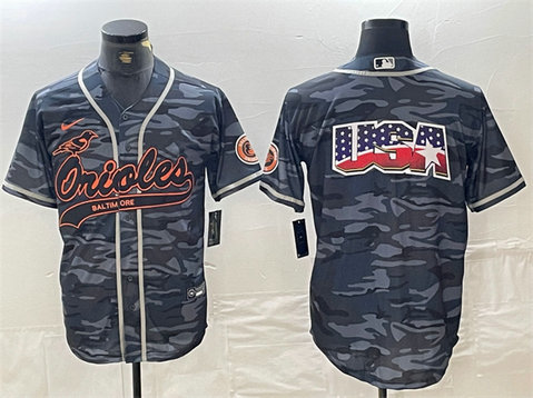Men's Baltimore Orioles Gray Camo Team Big Logo Cool Base Stitched Jersey 4
