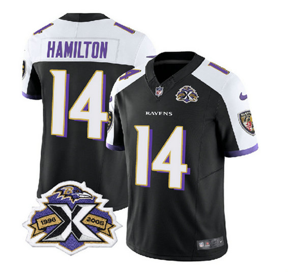 Men's Baltimore Ravens #14 Kyle Hamilton Black White 2023 F.U.S.E With Patch Throwback Vapor Limited Jersey