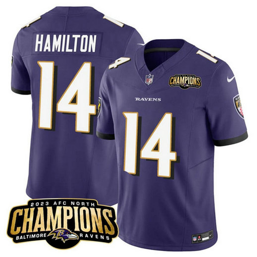 Men's Baltimore Ravens #14 Kyle Hamilton Purple 2023 F.U.S.E. AFC North Champions Vapor Limited Football Stitched Jersey