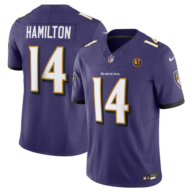 Men's Baltimore Ravens #14 Kyle Hamilton Purple 2023 F.U.S.E. With John Madden Patch Vapor Limited Stitched Football Jersey