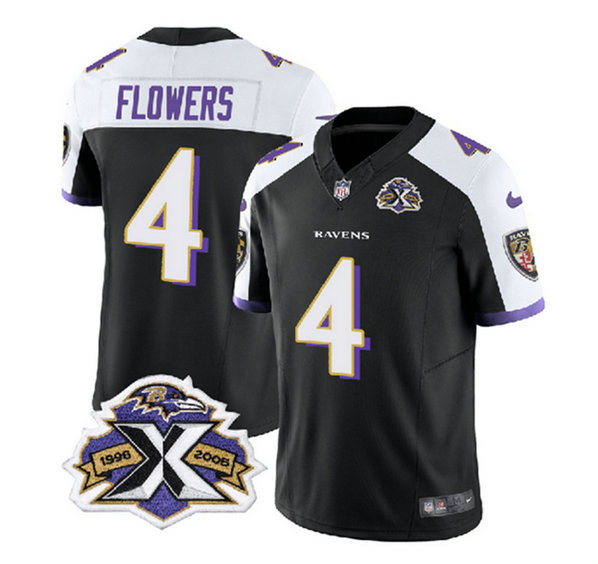 Men's Baltimore Ravens #4 Zay Flowers Black White 2023 F.U.S.E With Patch Throwback Vapor Limited Jersey