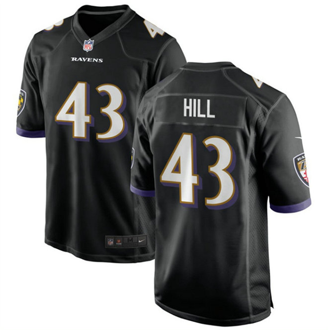 Men's Baltimore Ravens #43 Justice Hill Black Game Football Jersey