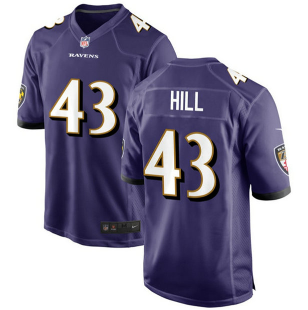Men's Baltimore Ravens #43 Justice Hill Purple Game Football Jersey