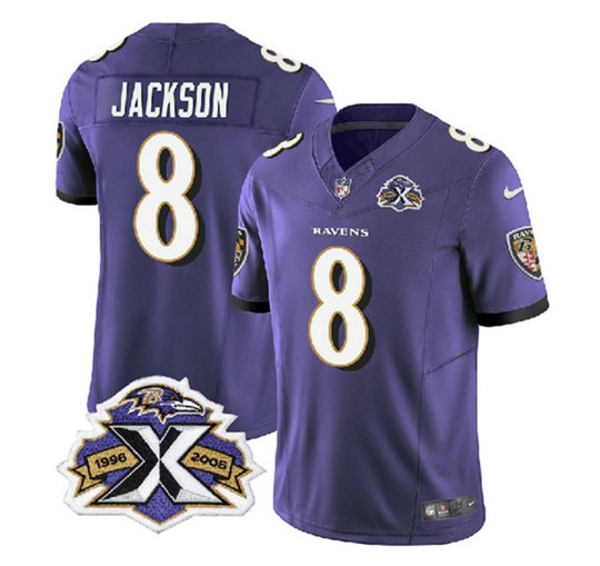 Men's Baltimore Ravens #8 Lamar Jackson Purple 2023 F.U.S.E With Patch Throwback Vapor Limited Jersey