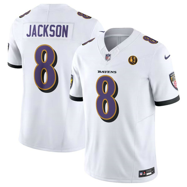Men's Baltimore Ravens #8 Lamar Jackson White 2023 F.U.S.E. With John Madden Patch Vapor Limited Football Jersey
